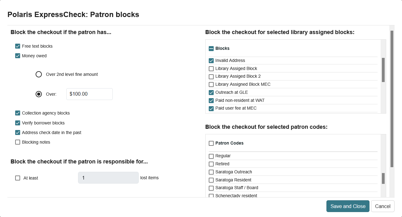 Click to expand Polaris ExpressCheck: Patron blocks settings
