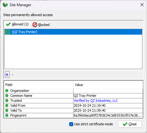 Click to expand Example of a successful certificate configuration in QZ Tray