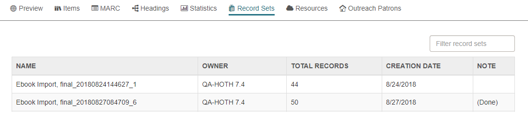 Bibliographic Record workform, Record Sets view