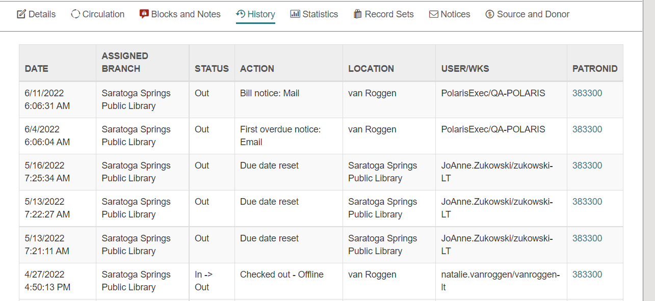 Item Record workform, History view