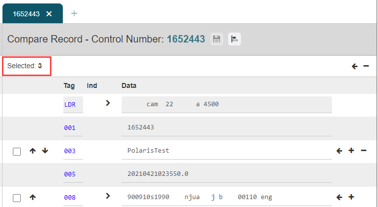 MARC Compare Records workform, number of tags selected
