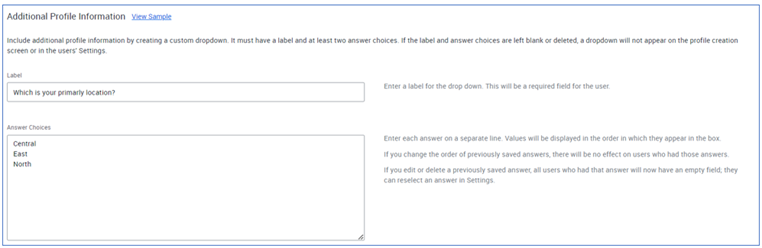 Admin Additional Profile Information Settings.