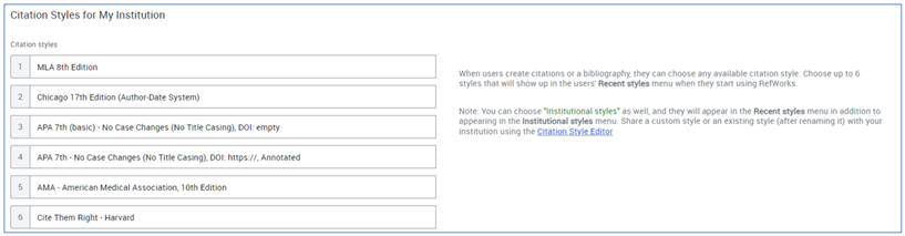 Admin Citations Styles for My Institution Settings.