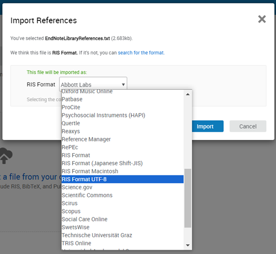 Import References modal choose format.