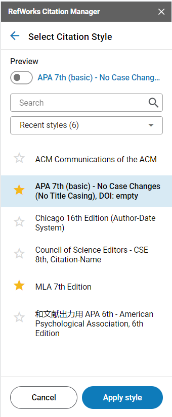The RCM for Google Docs Select Citation Style page.