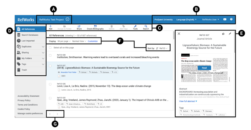 Navigation and display options, identified as A – G, are highlighted on the All References page