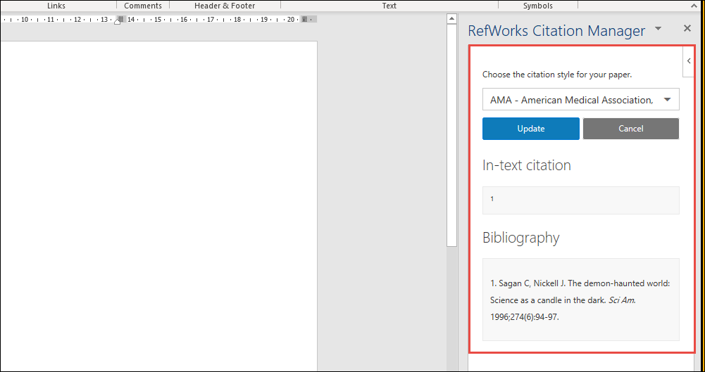 Selecting the AMA Citation Style from the RefWorks Citation Manager.
