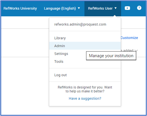 User menu admin access.