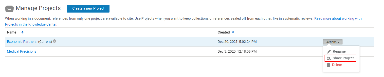 The option to share a project from the action button.
