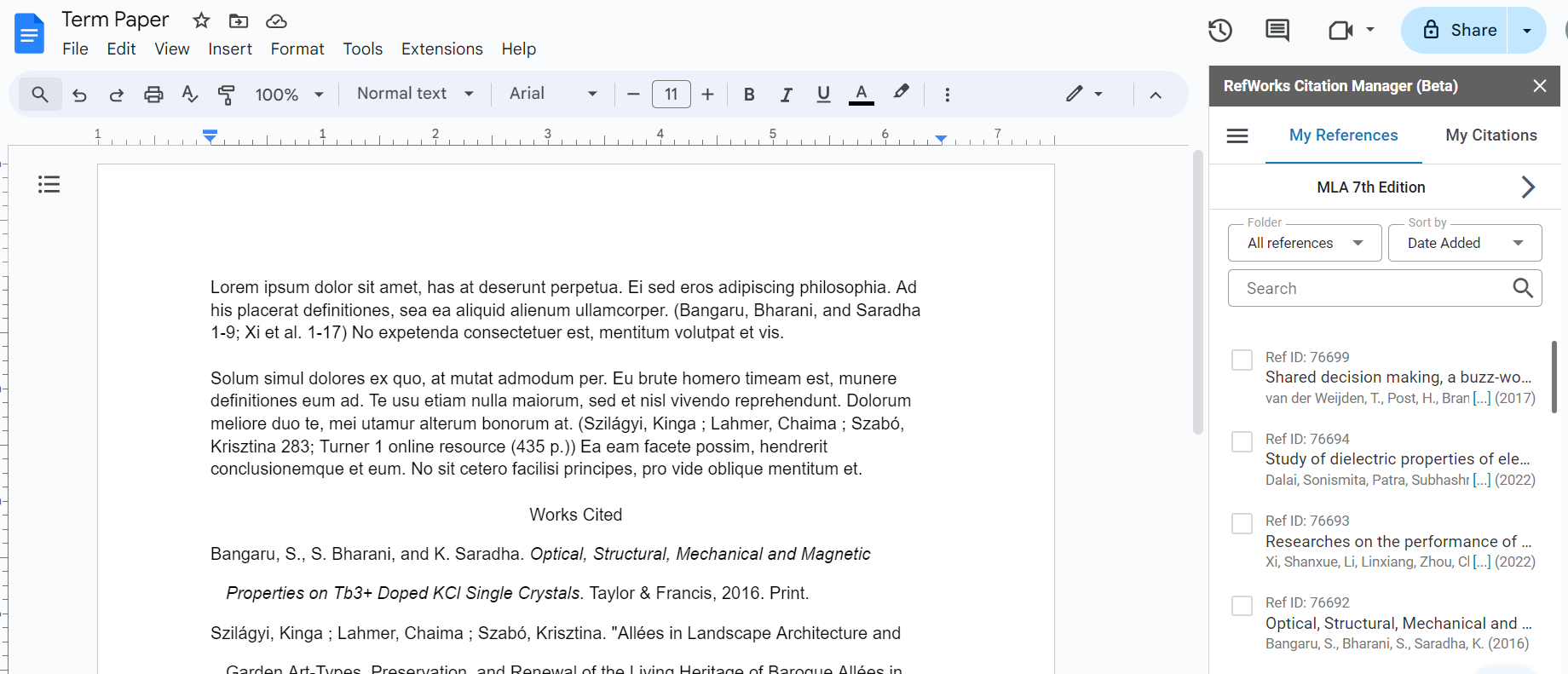 Google Docs용 RefWorks Citation Manager (RCM).