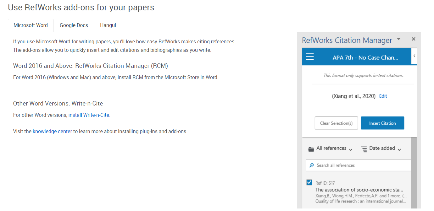 RefWorks Citation Manager with Insert Citation button.