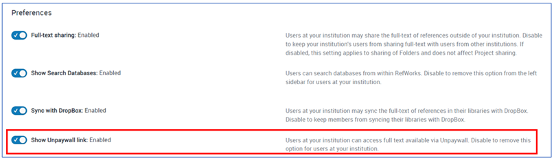 Unpaywall Admin Preferences Screen.