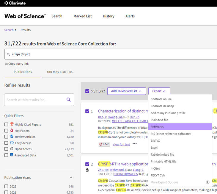 RefWorks selected in the Export menu for Web of Science.