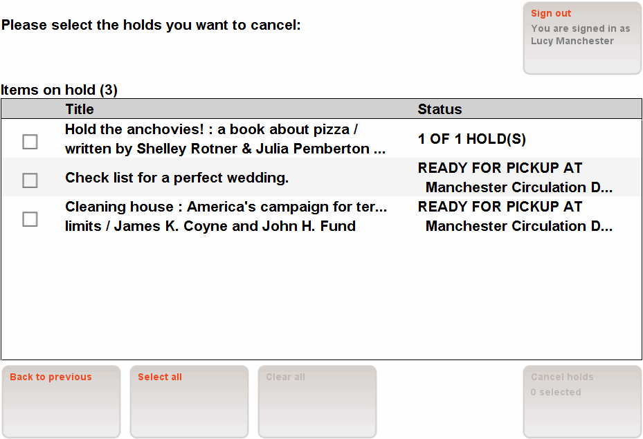 Hold cancellation screen