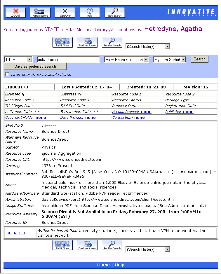 Staff WebPAC Display of Resource Record