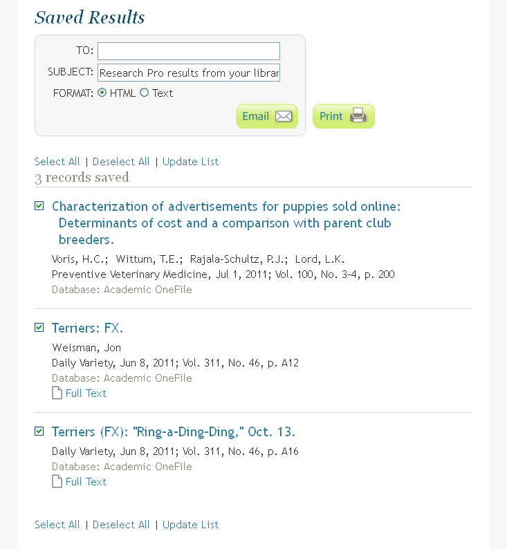 Saved Results Page