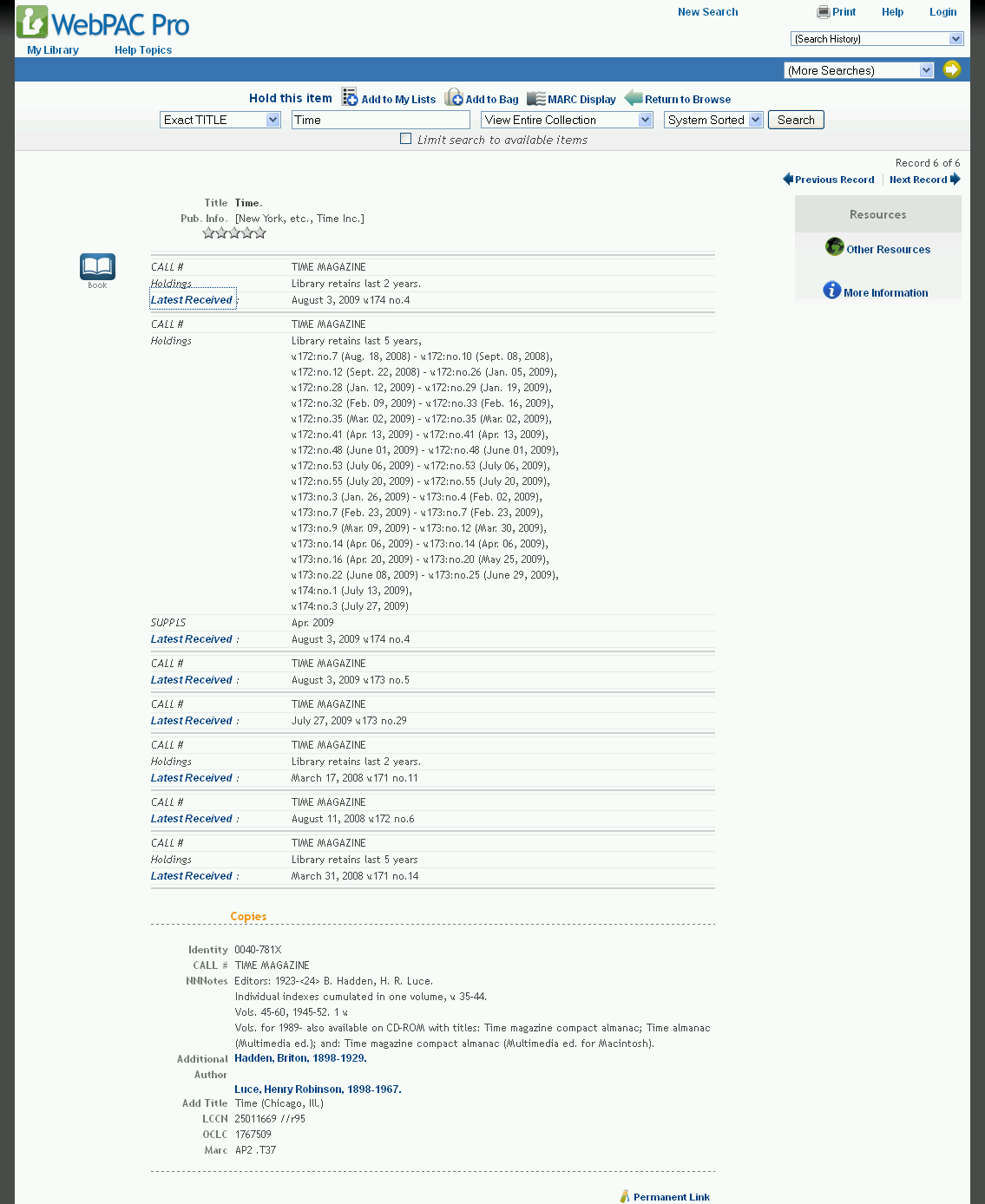 Initial serials record display in the WebPAC