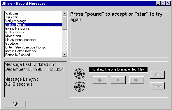 Telephone Renewal System Record Messages Window