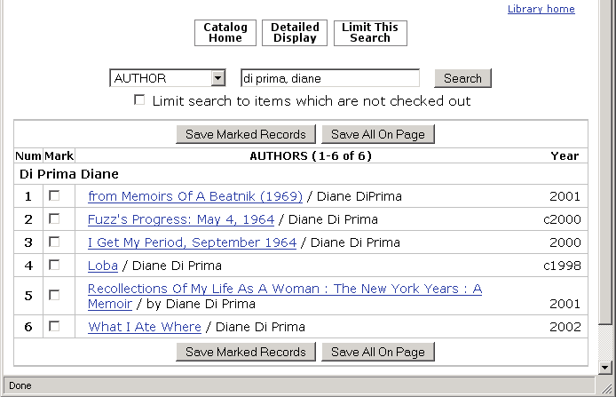 WebPAC search results: browse display