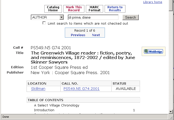 WebPAC search results: bibliographic record display