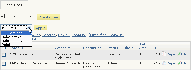 Bulk Actions drop-down menu