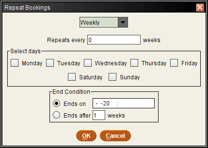 Repeat Weekly Bookings dialog