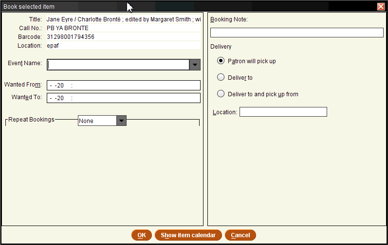 Book Selected Item dialog