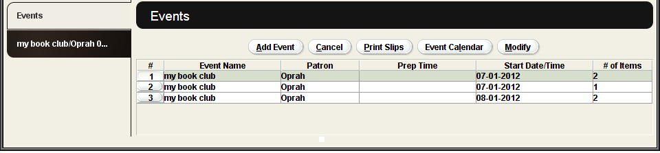 Events tab