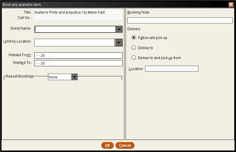 Book Any Available Item dialog