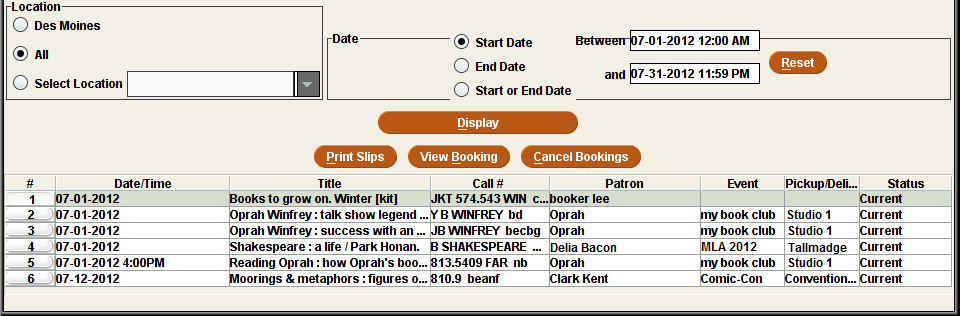 Bookings Maintenance Table display