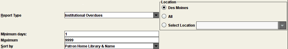 Institutional Overdues Report parameters display Institutional Overdues Report parameters display