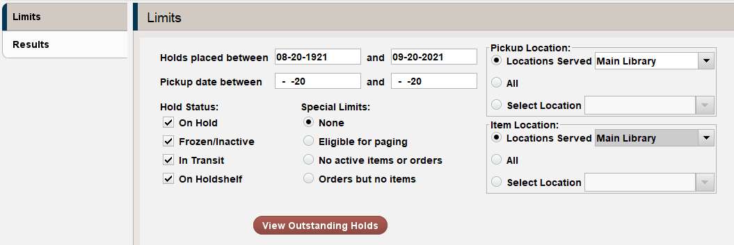Click to expand Manage Holds Limits