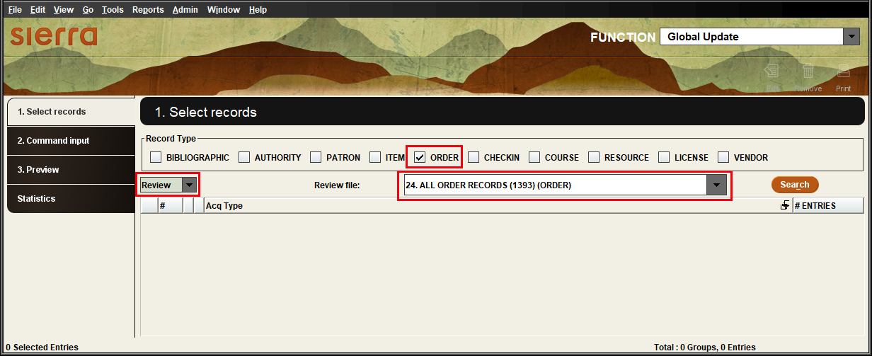 Click to expand Default information entered in Global Update after sending a review file from the Create Lists function