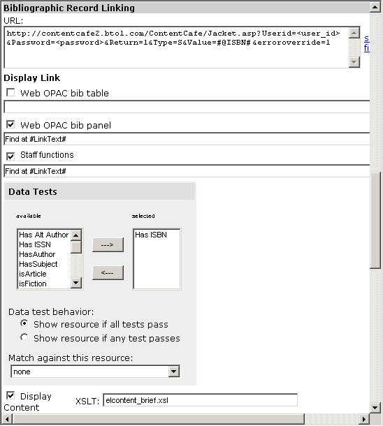 WebBridge Management - Resources menu: Bibliographic Record Linking