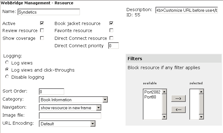WebBridge Management - Resources menu: Create New