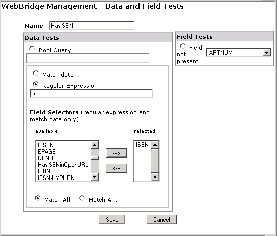 WebBridge Management - Filters menu