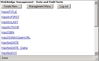 WebBridge Management - Data tests menu