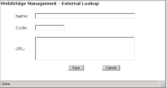 WebBridge Management - External Lookups menu: Create New