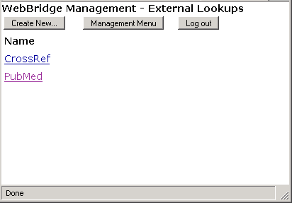 WebBridge Management - External Lookups menu