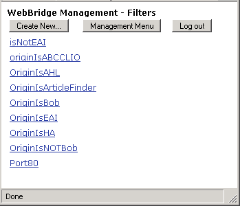 WebBridge Management - Filters menu