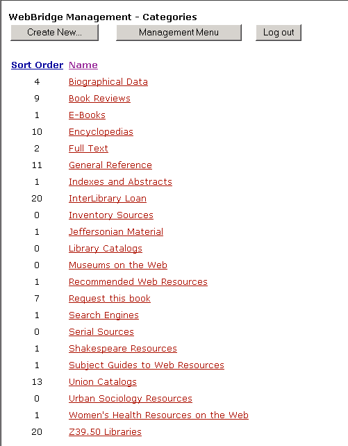 WebBridge Management - Categories menu