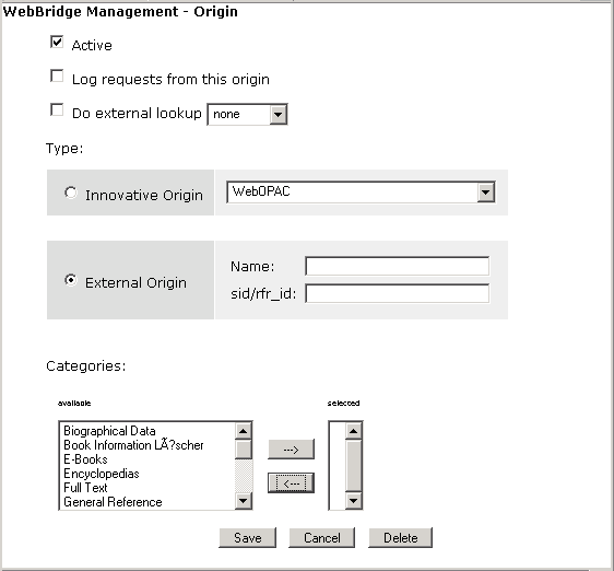 WebBridge Management - Origins menu: Create New