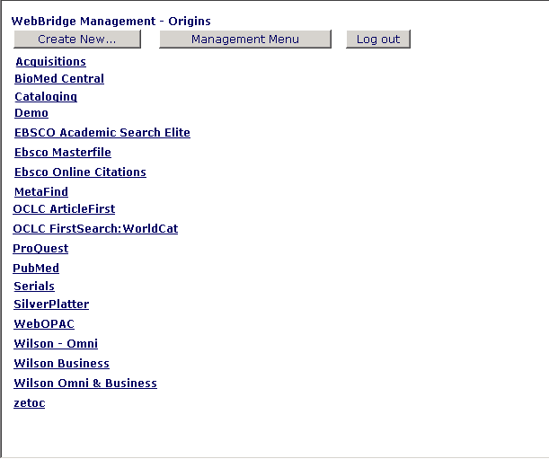 WebBridge Management - Origins menu