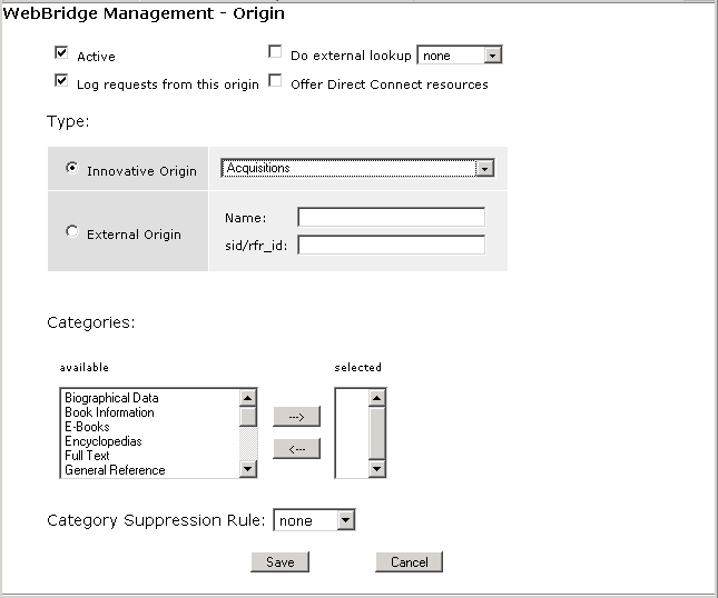 WebBridge Management - Origins menu: Create New