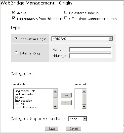 WebBridge Management - Origins menu: Create New