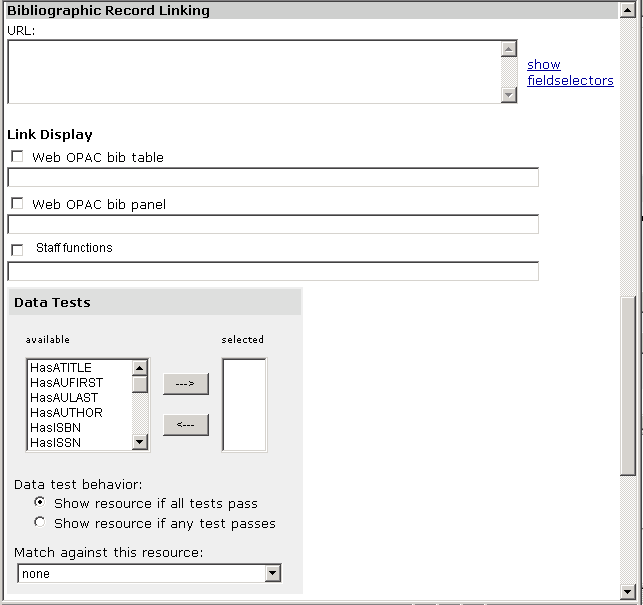 WebBridge Management - Resources menu: Bibliographic Record Linking