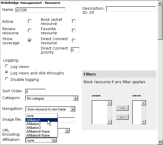 WebBridge Management - Resource menu: Edit