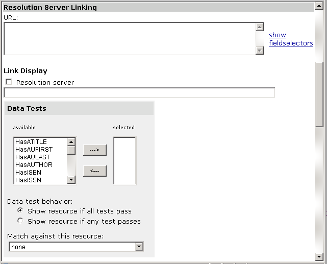 WebBridge Management - Resources menu: Resolution Server Linking
