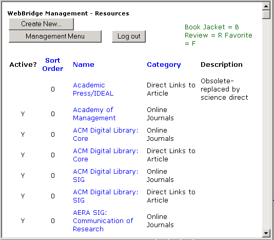 WebBridge Management - Resources menu