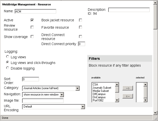 WebBridge Management - Resources menu: Create New